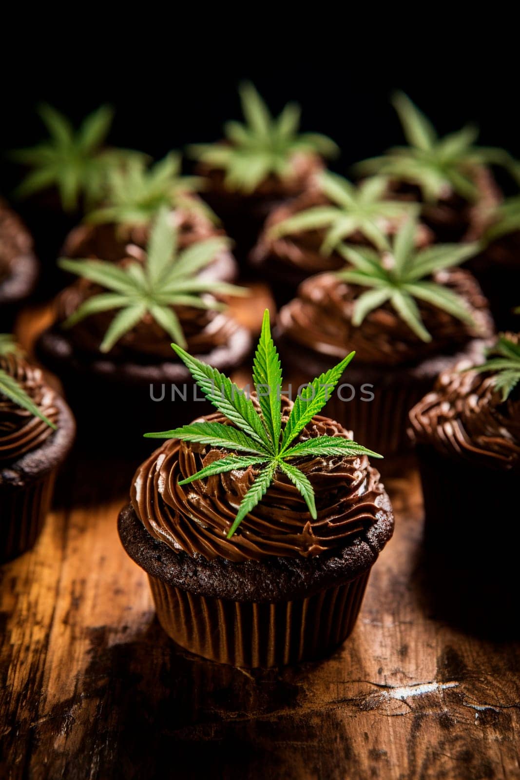 Cannabis cupcakes with leaf. Generative AI, Nature.