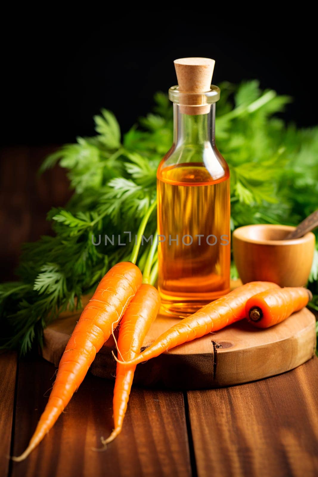 Carrot cosmetic oil on a wooden background. Generative AI, Nature.