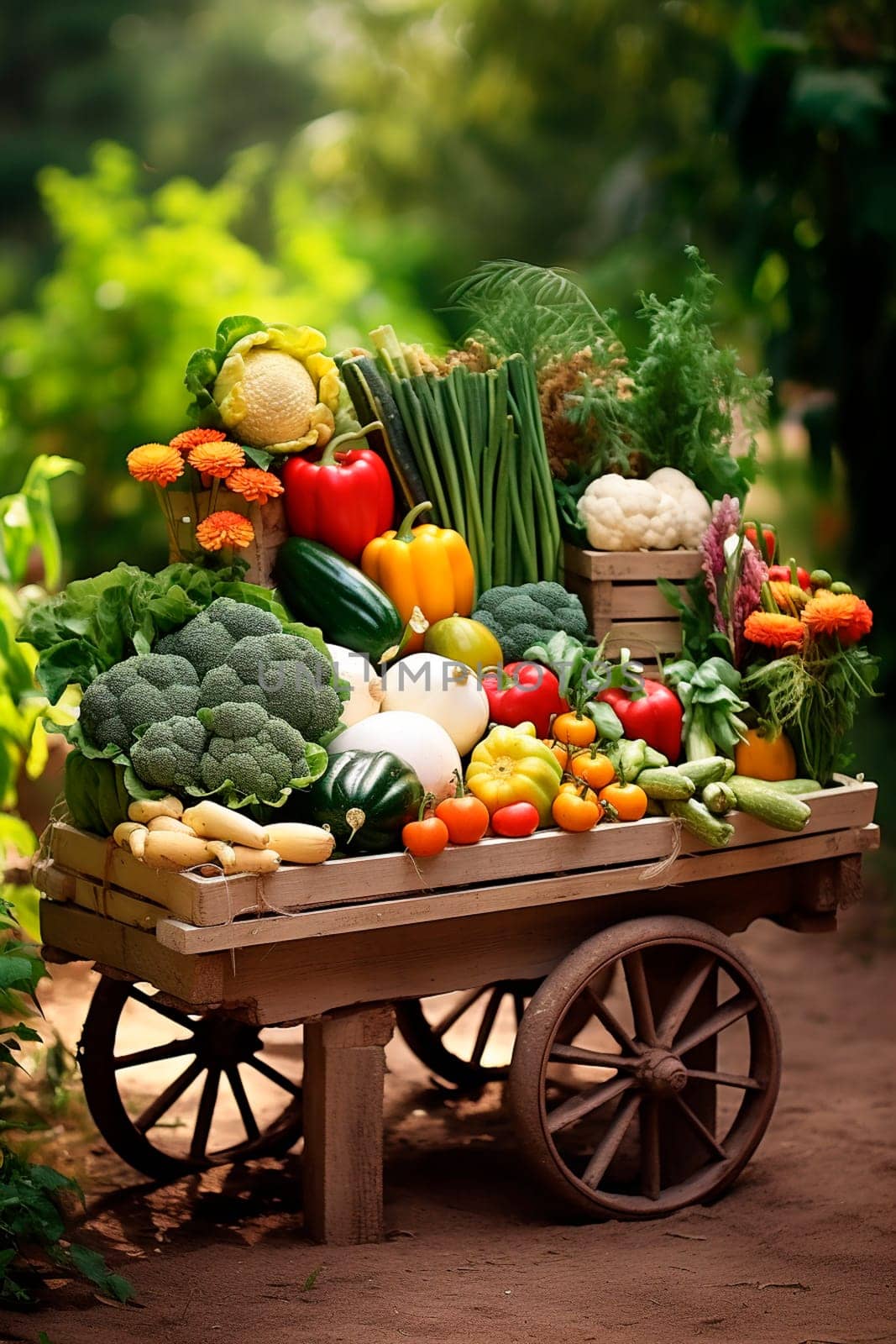 Cart with vegetables and fruits in the garden. Generative AI, Food.