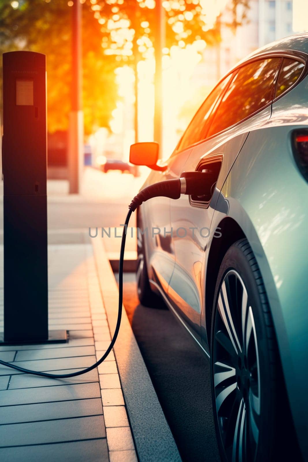 An electric car is at a gas station. Generative AI, by yanadjana