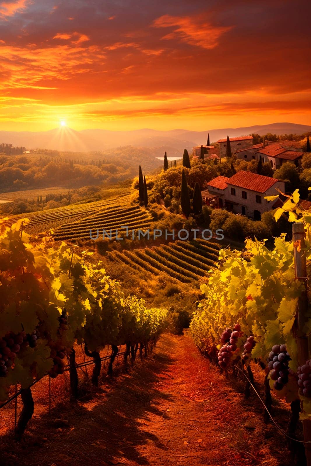 Vineyards with peas in the village at dawn. Generative AI, by yanadjana