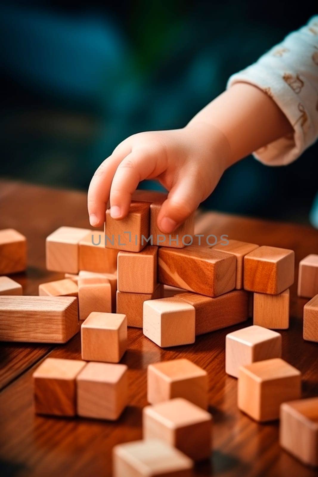A child collects wooden construction blocks. Generative AI, by yanadjana