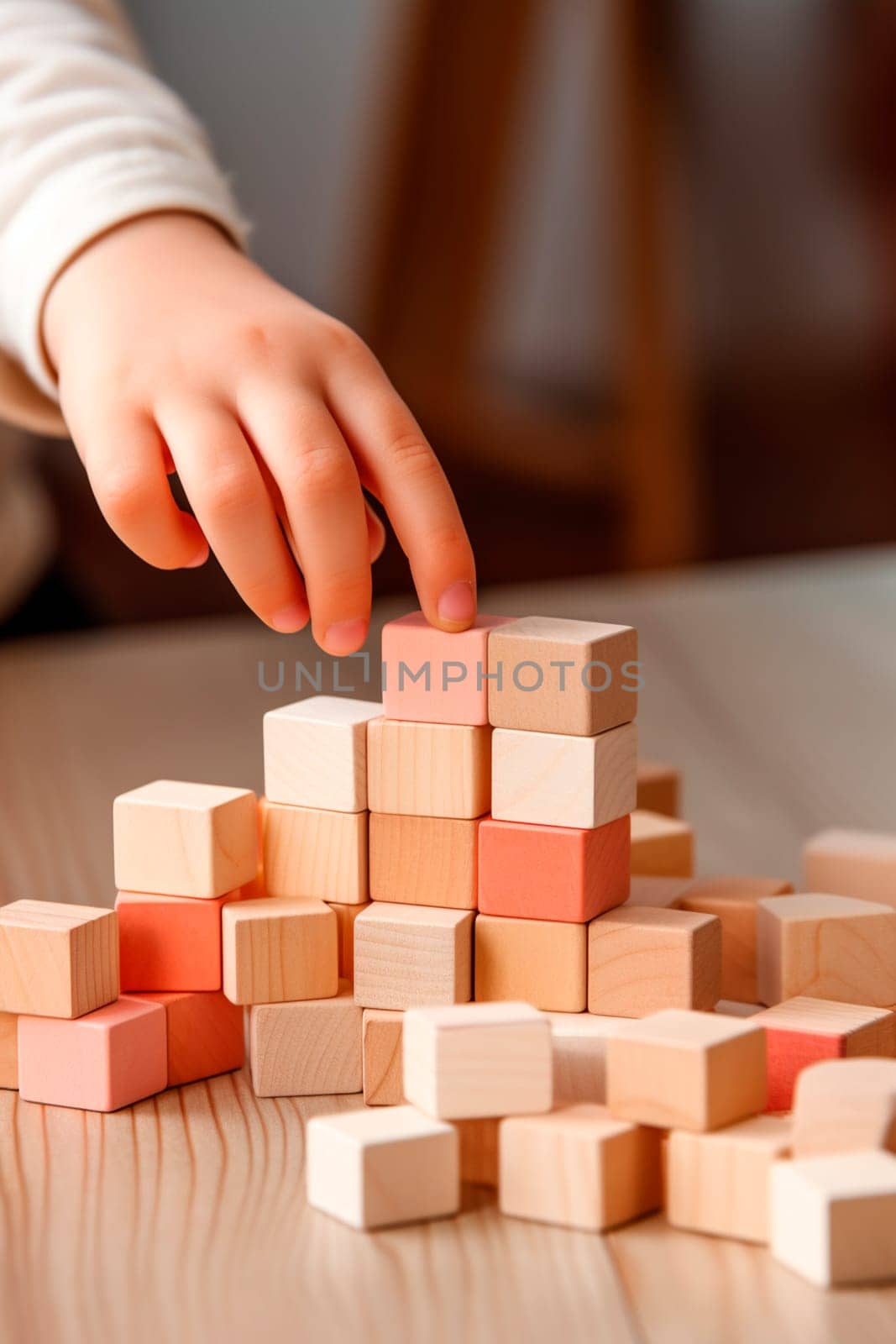 A child collects wooden construction blocks. Generative AI, Kid.