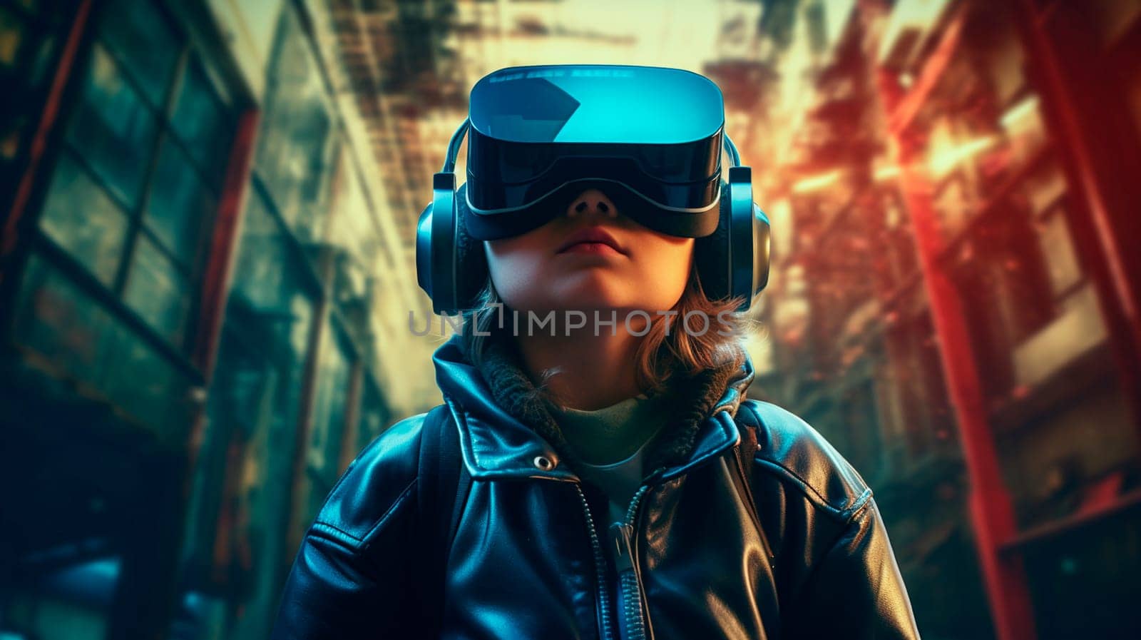 The child looks into virtual reality glasses. Generative AI, by yanadjana