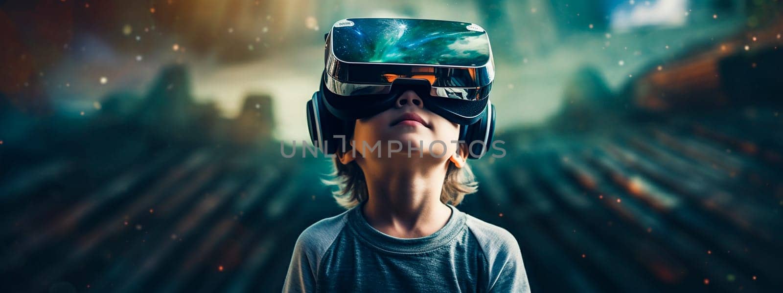 The child looks into virtual reality glasses. Generative AI, by yanadjana