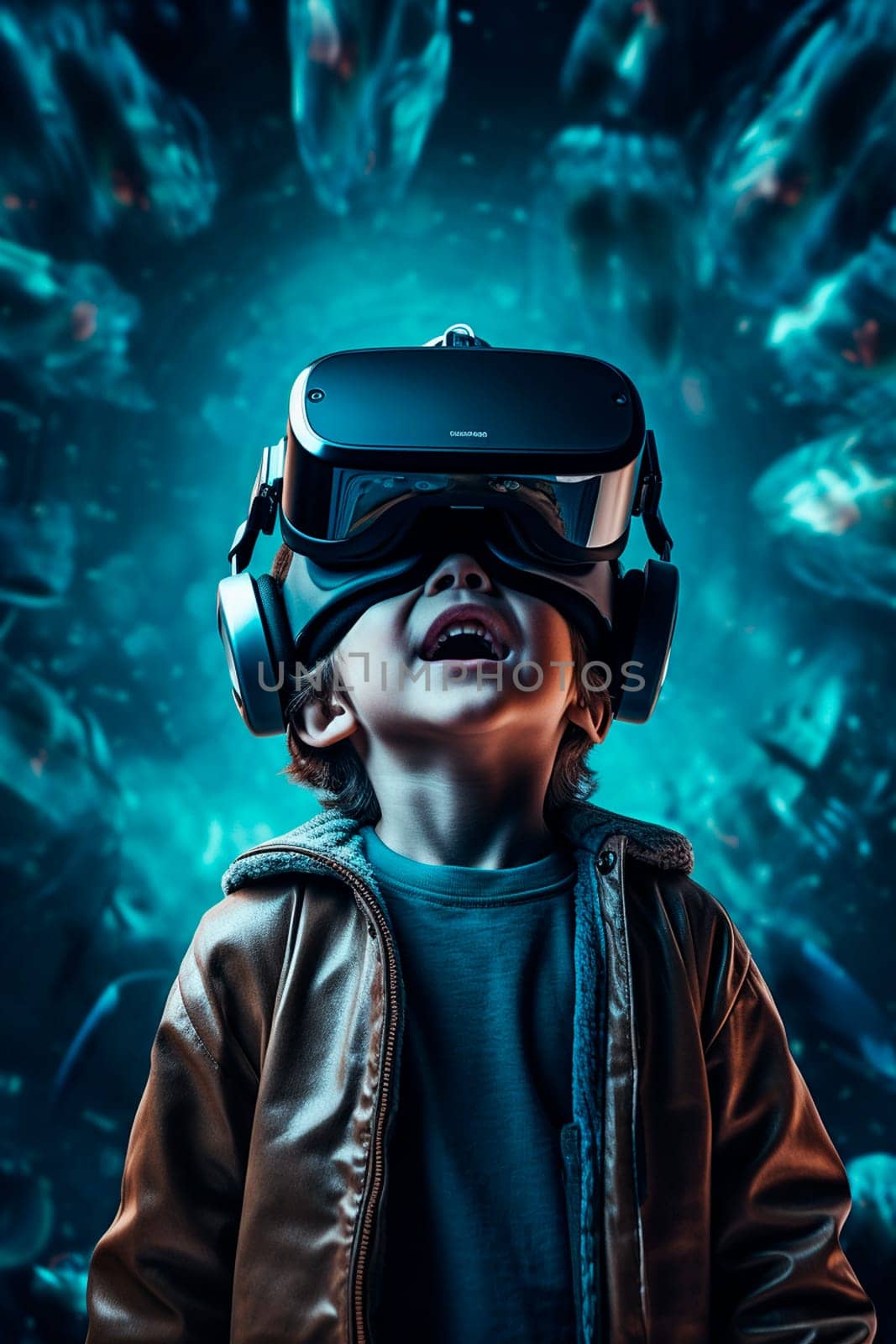 The child looks into virtual reality glasses. Generative AI, Kid.