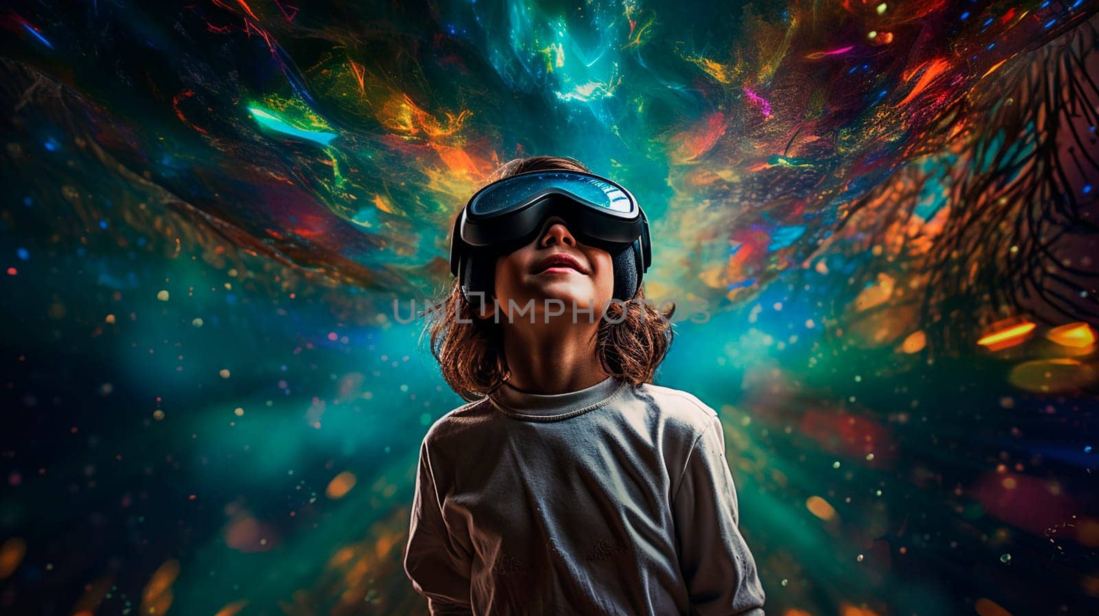 The child looks into virtual reality glasses. Generative AI, Kid.