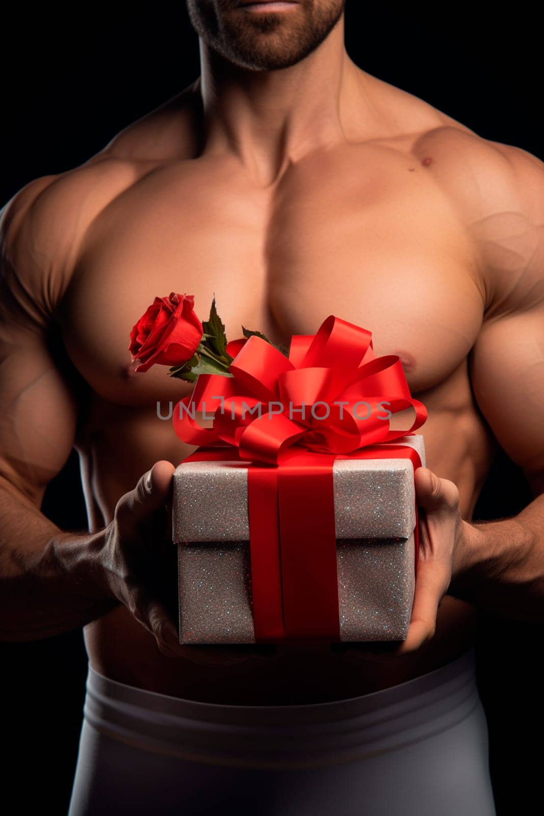 Muscular male arms hold a gift in their hands. Generative AI, Holiday.