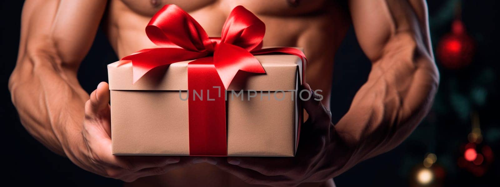 Muscular male arms hold a gift in their hands. Generative AI, Holiday.