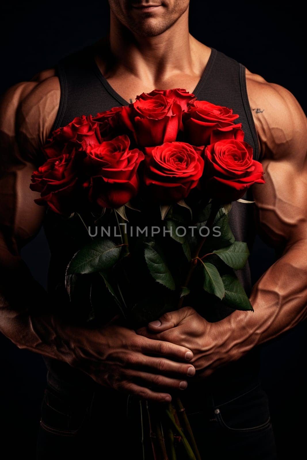 Muscular male arms hold a gift of flowers in their hands. Generative AI, Holiday.