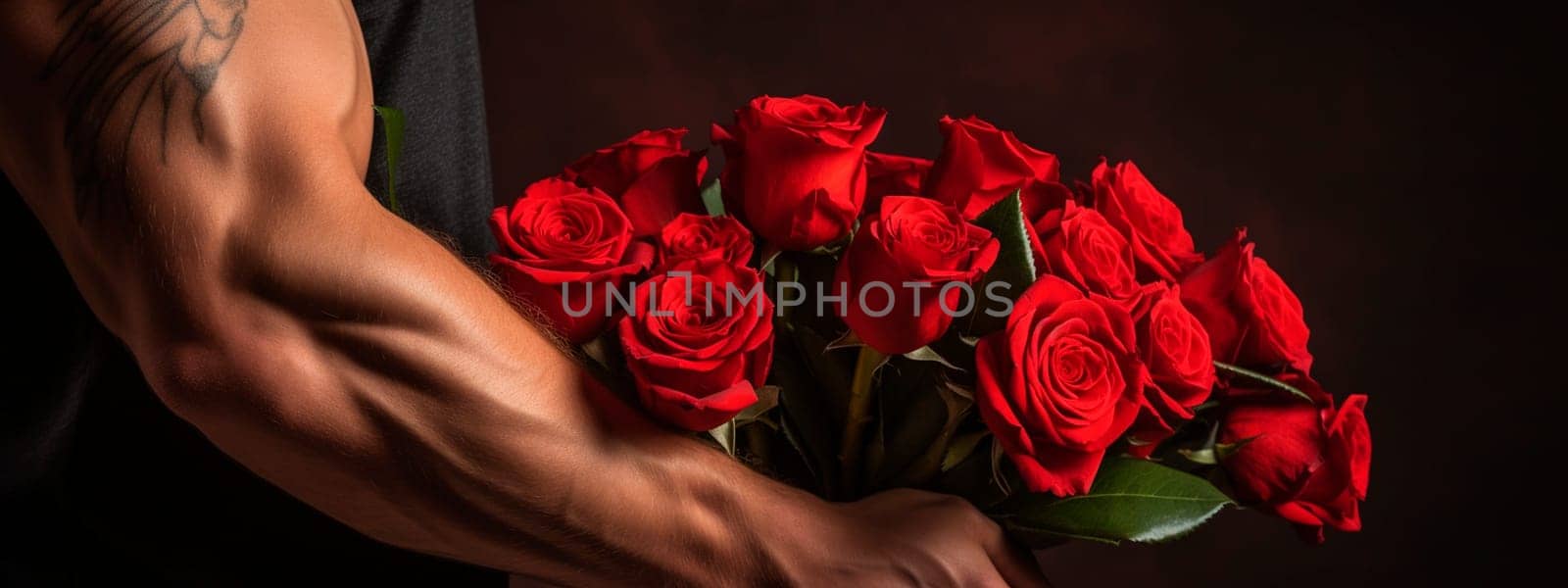 Muscular male arms hold a gift of flowers in their hands. Generative AI, Holiday.