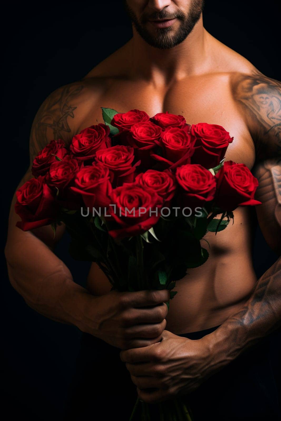 Muscular male arms hold a gift of flowers in their hands. Generative AI, Holiday.