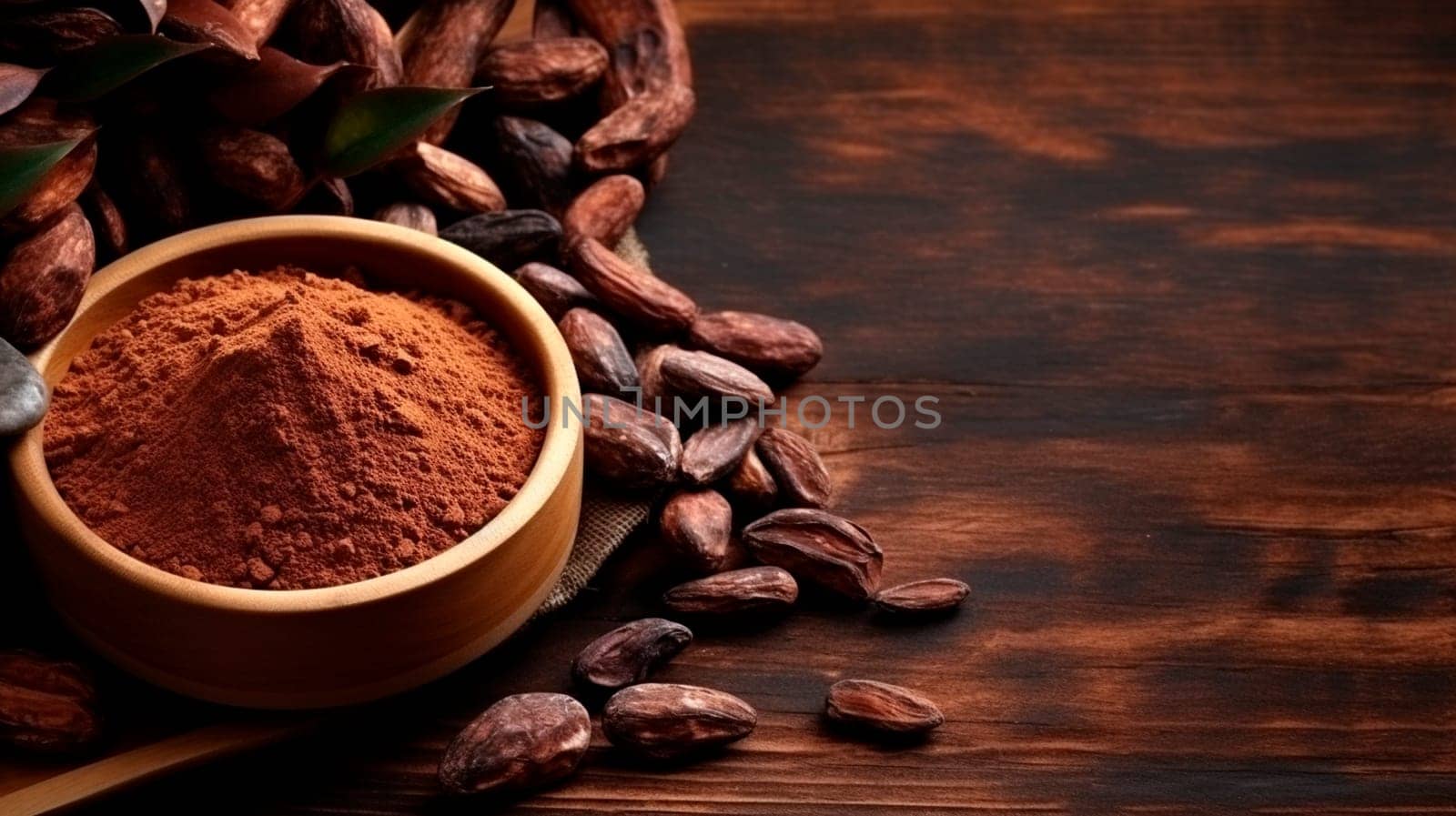 Cocoa on a wooden background. Generative AI, Food.