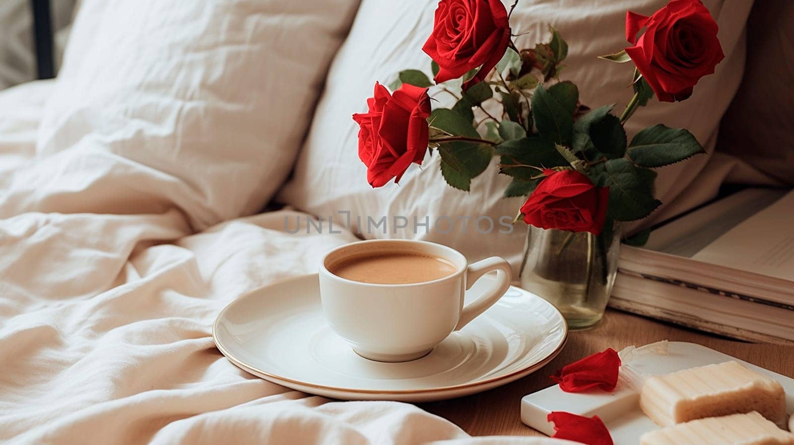 Cup of coffee and roses in bed. Generative AI, by yanadjana