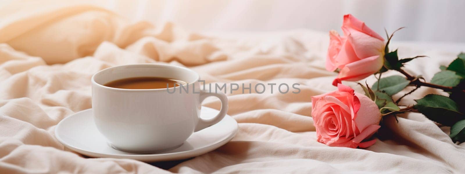 Cup of coffee and roses in bed. Generative AI, by yanadjana
