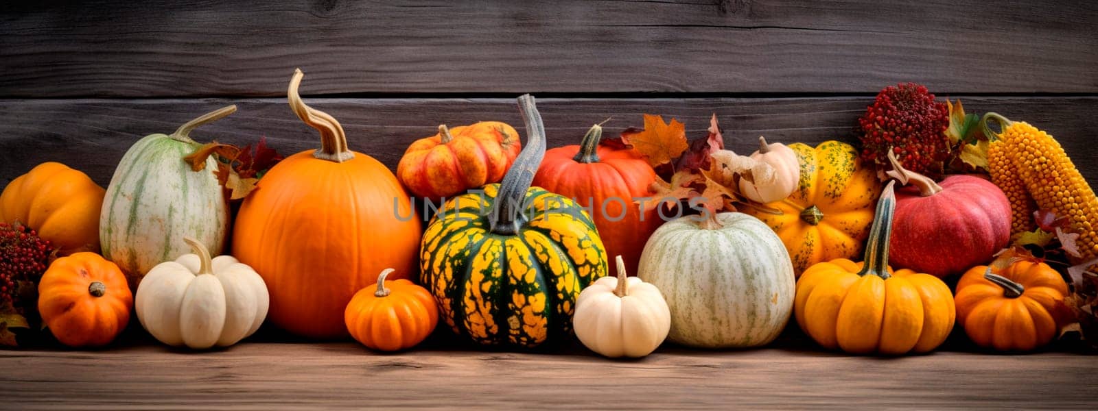 Various pumpkins on a wooden background. Generative AI, by yanadjana