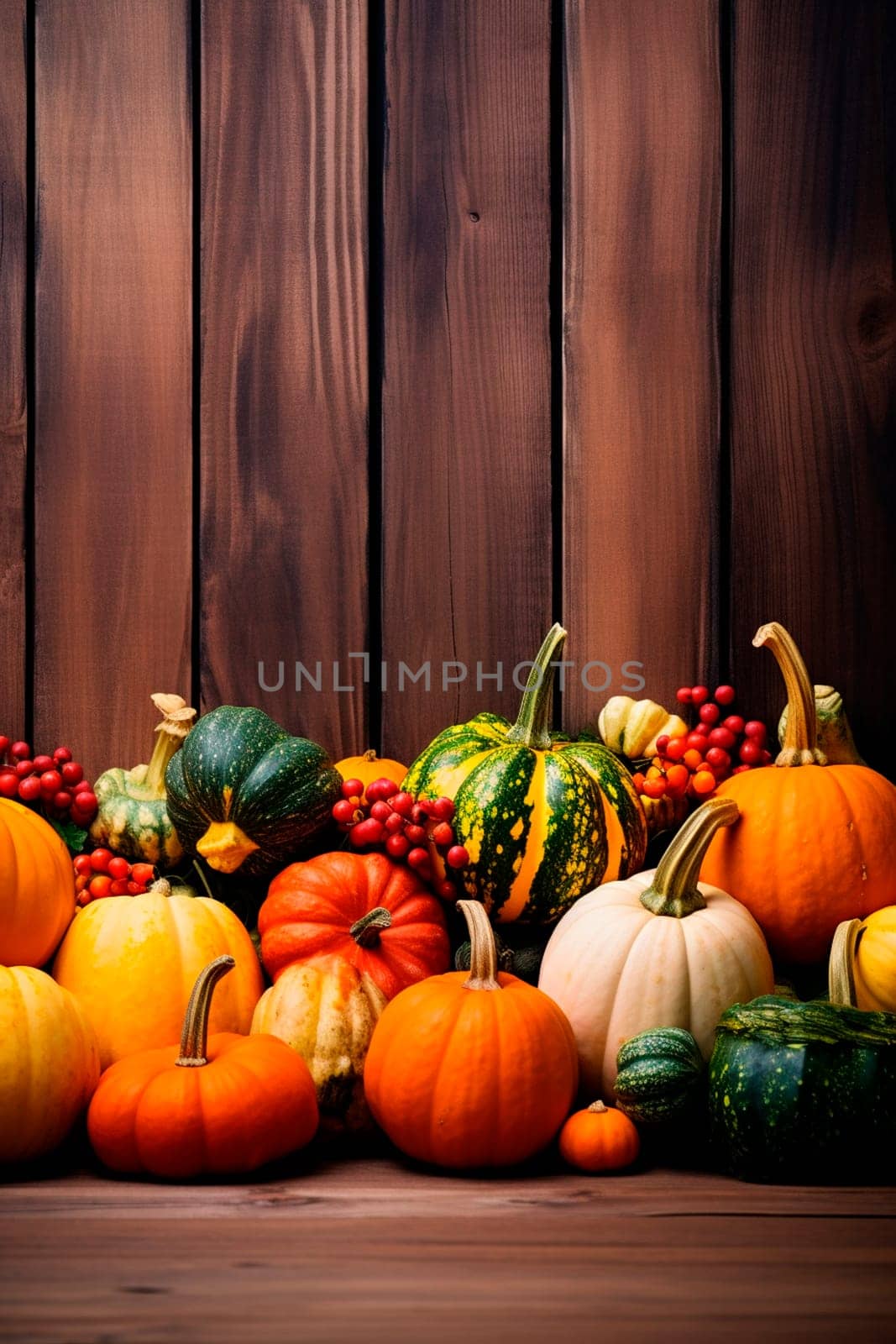 Various pumpkins on a wooden background. Generative AI, Food.
