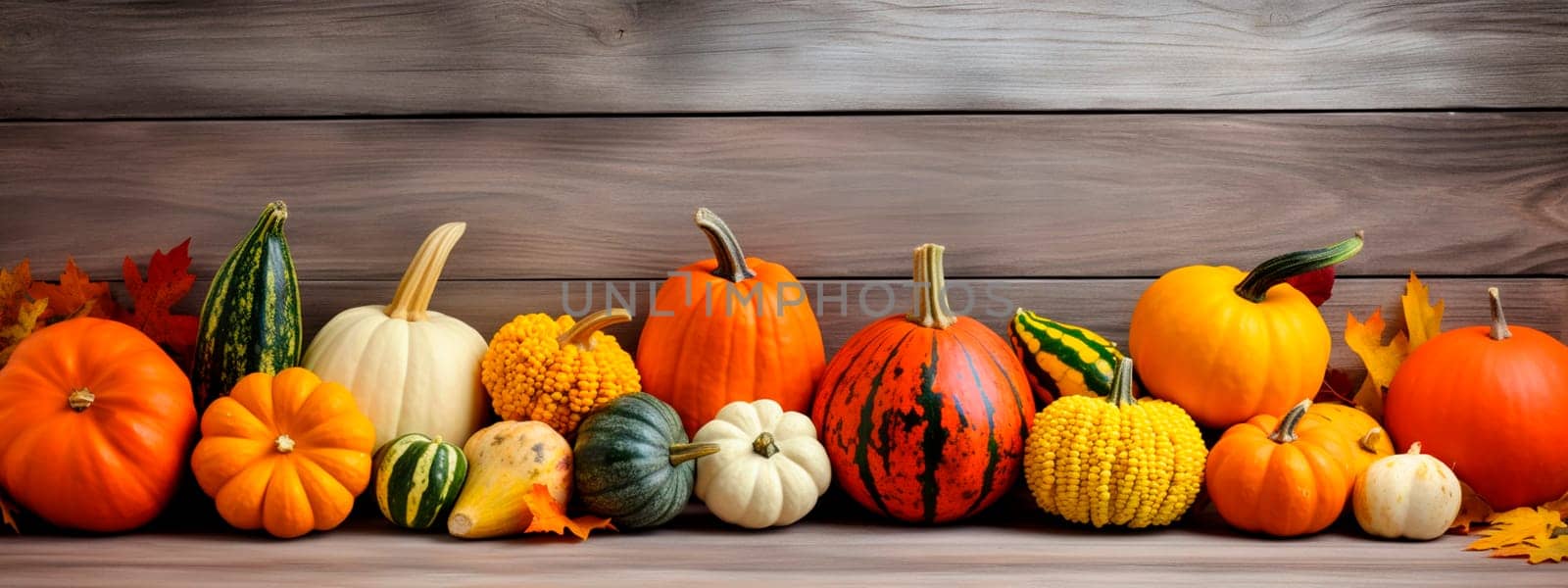 Various pumpkins on a wooden background. Generative AI, by yanadjana