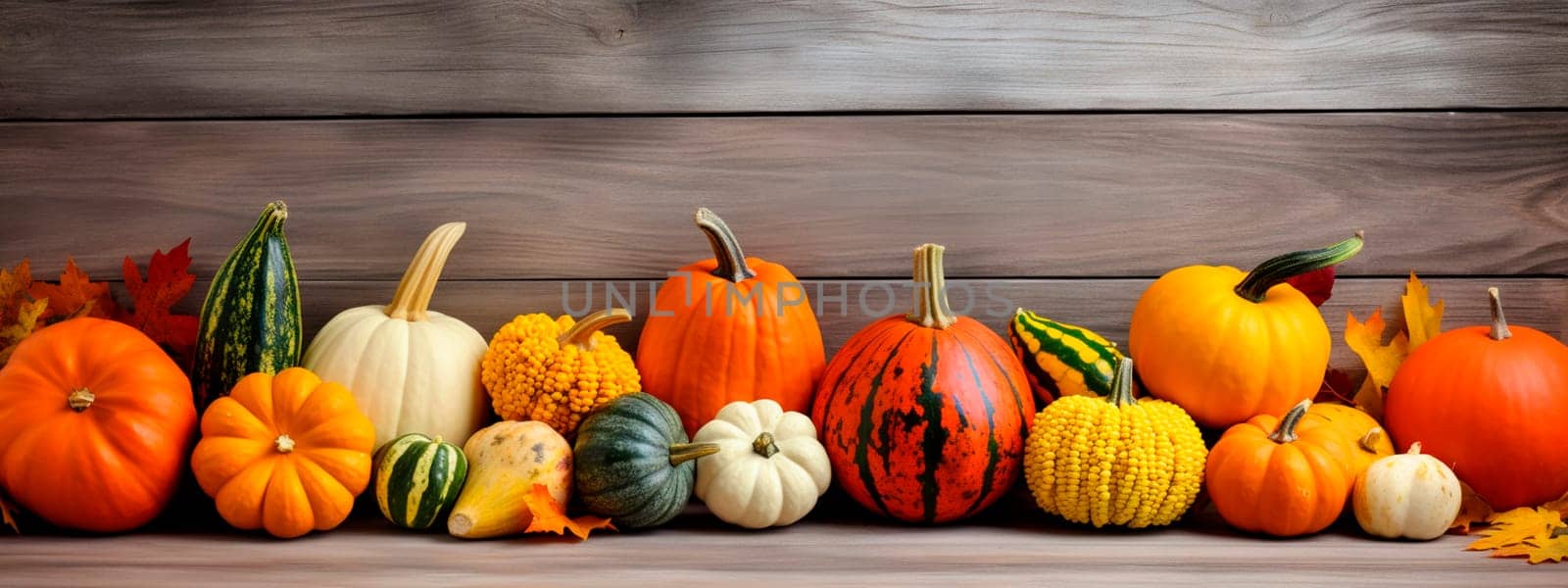 Various pumpkins on a wooden background. Generative AI, Food.