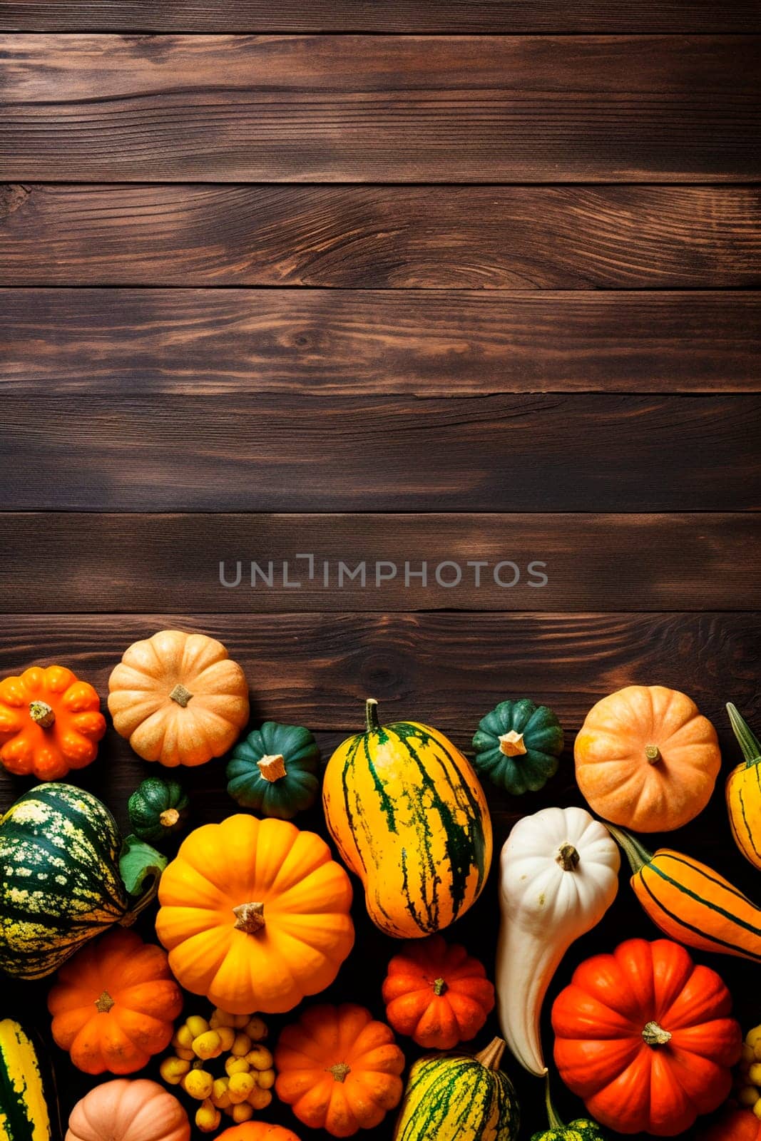 Various pumpkins on a wooden background. Generative AI, Food.