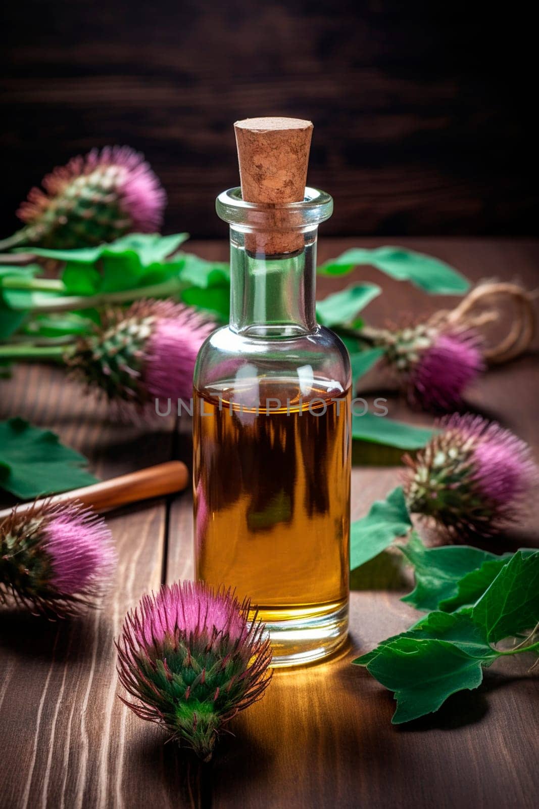 Milk thistle essential oil on wooden background. Generative AI, Spa.