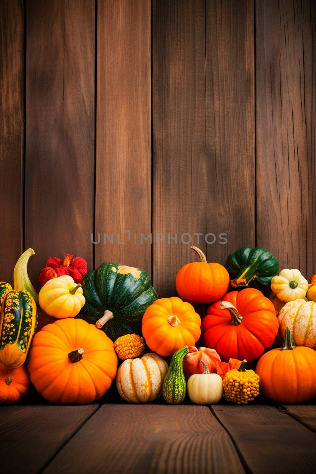 Various pumpkins on a wooden background. Generative AI, Food.