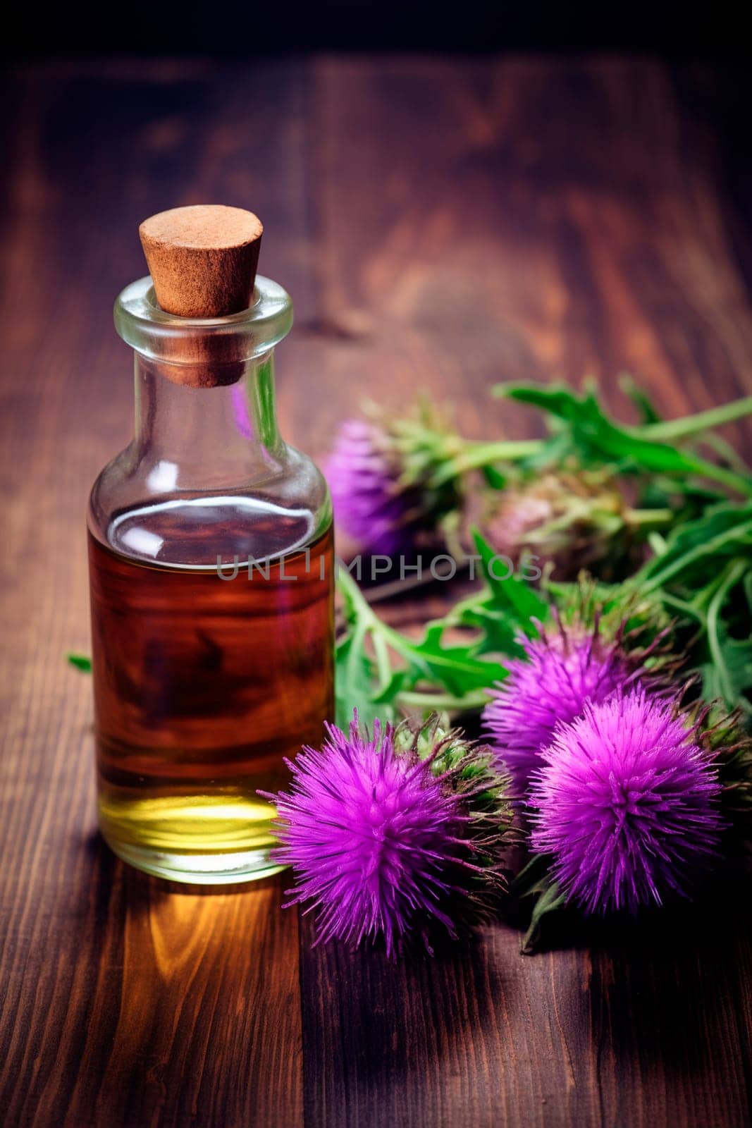 Milk thistle essential oil on wooden background. Generative AI, Spa.