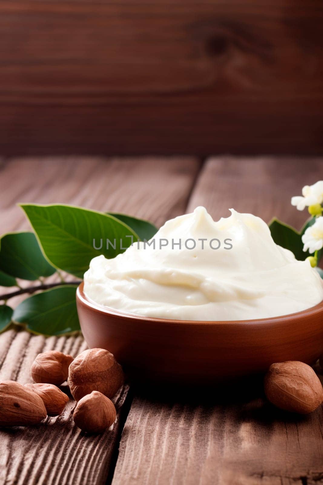 Cosmetic shea butter on a wooden background. Generative AI, Spa.