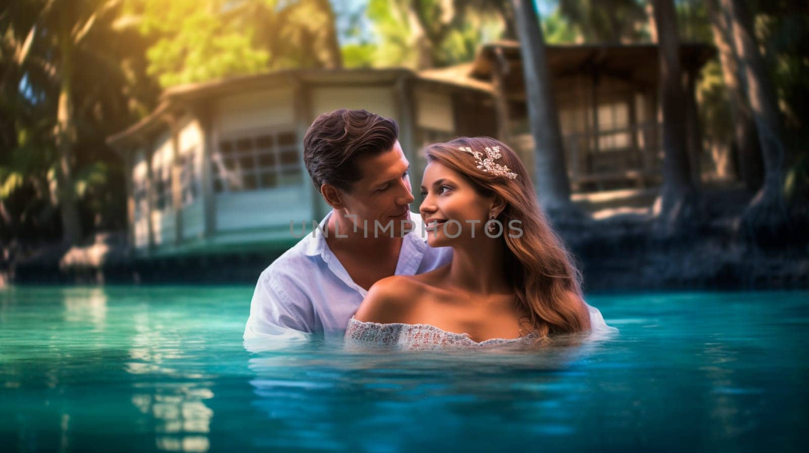 Man and woman in love on a tropical beach. Generative AI, by yanadjana