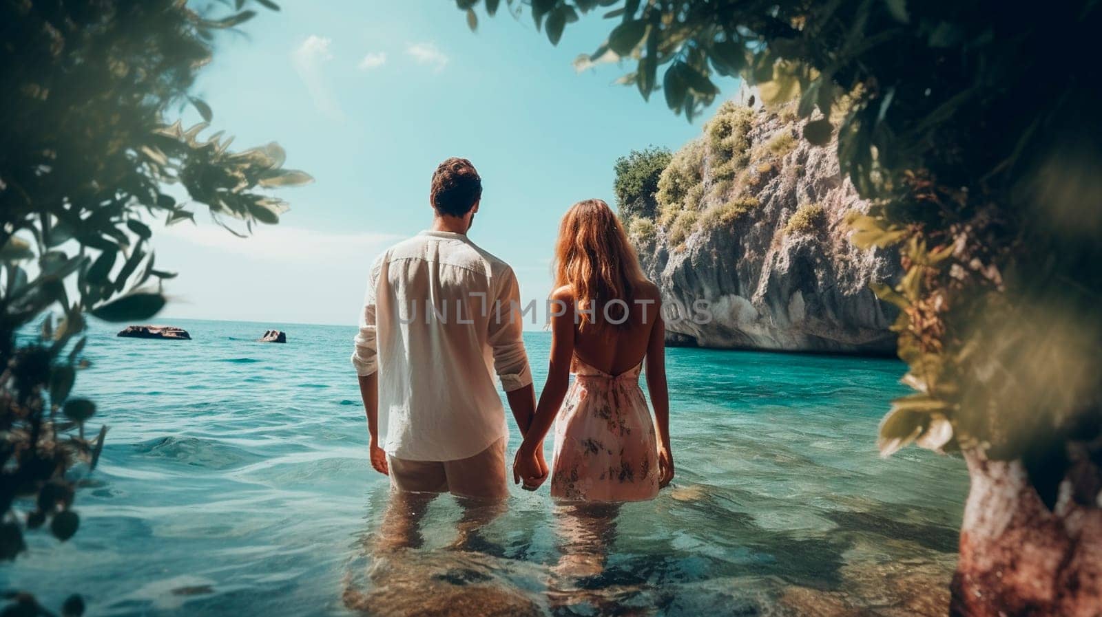 Man and woman in love on a tropical beach. Generative AI, Couple.
