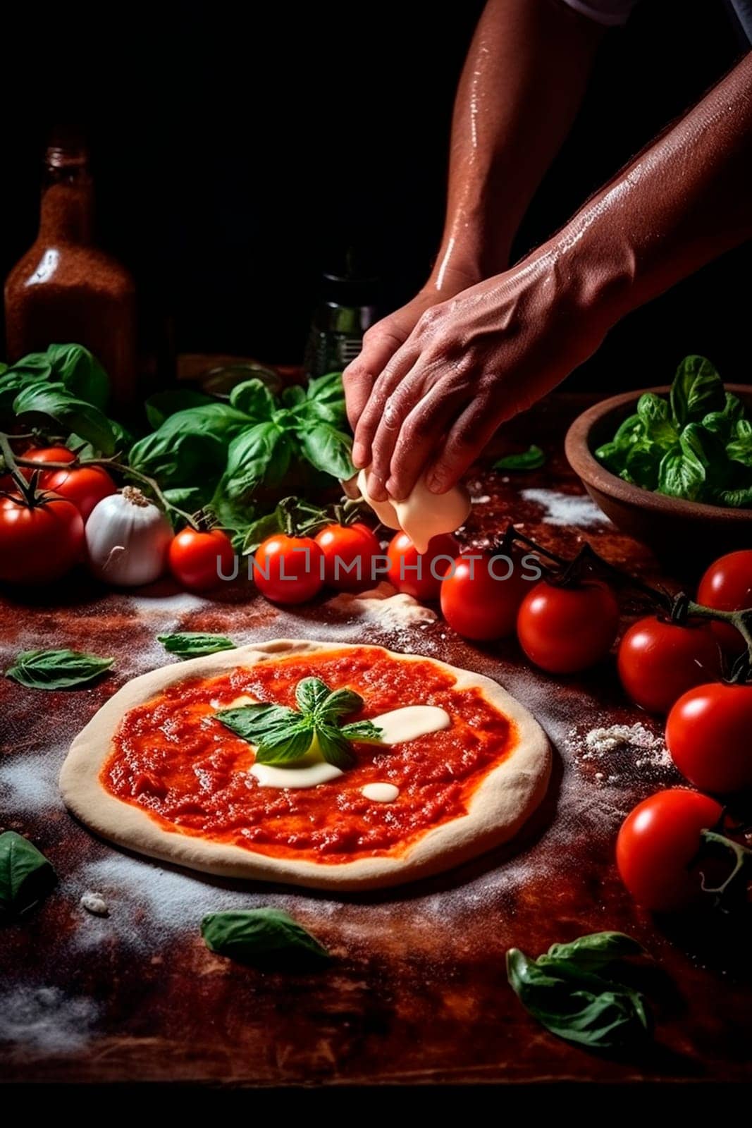 Chef's hands preparing pizza. Generative AI, Food.