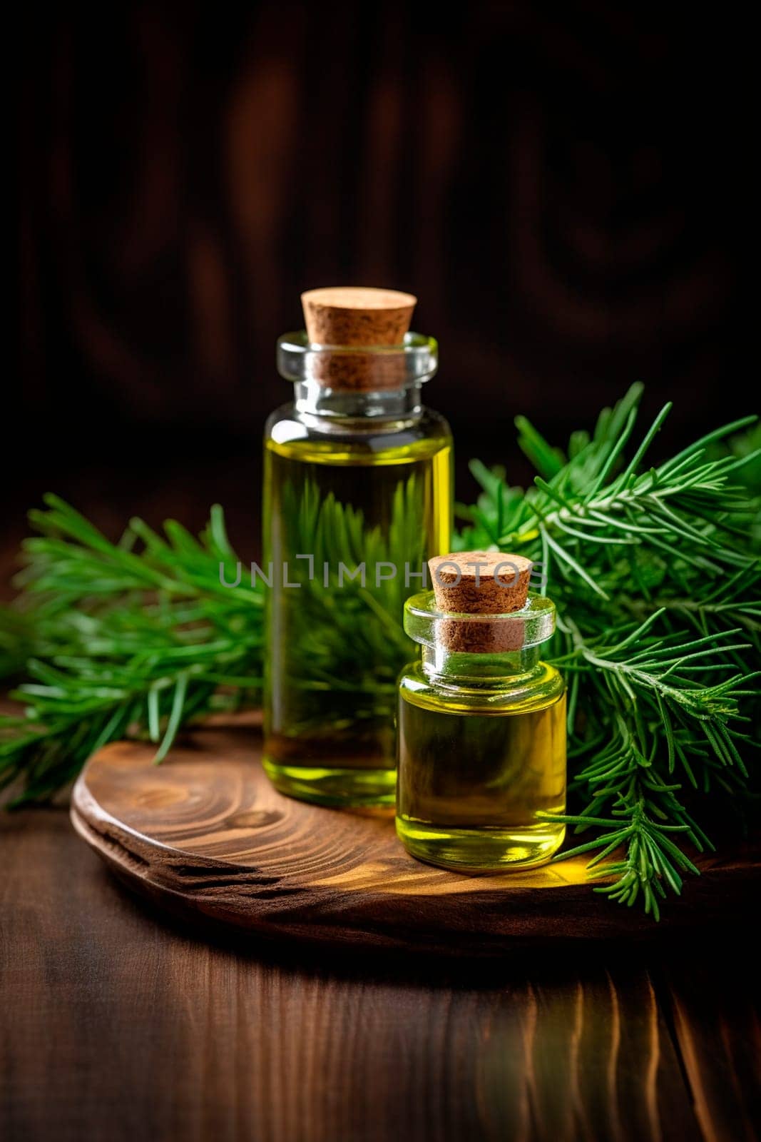 Rosemary essential oil in a bottle. Generative AI, Nature.