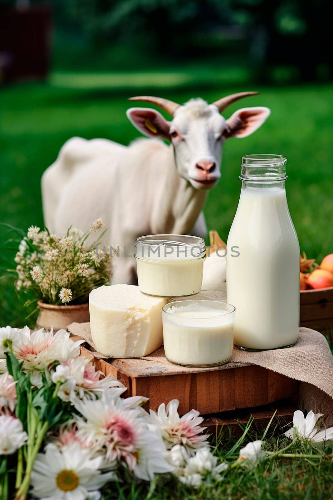 Goat dairy products on a farm background. Generative AI, Food.