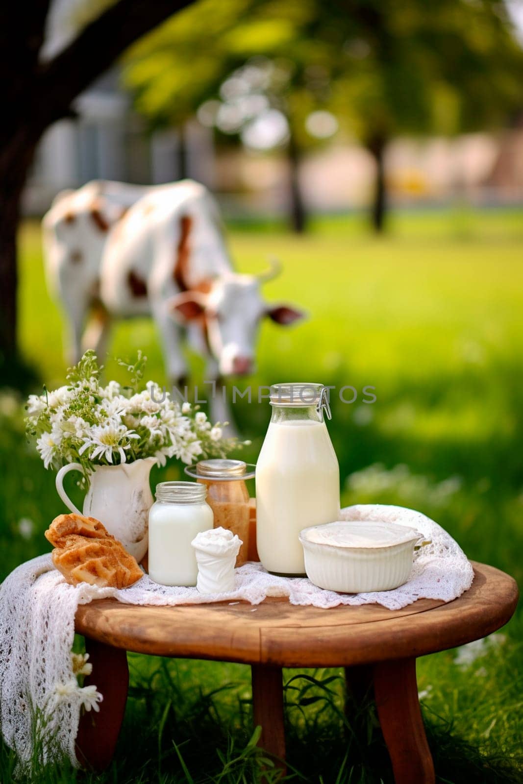 Cow dairy products on a farm background. Generative AI, Food.