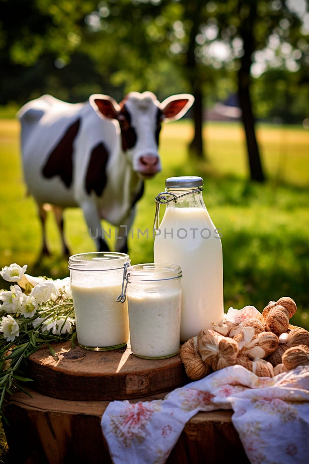 Cow dairy products on a farm background. Generative AI, Food.