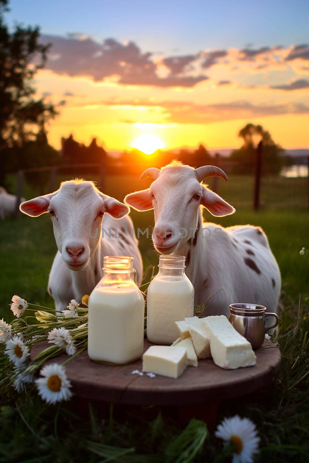 Goat dairy products on a farm background. Generative AI, Food.