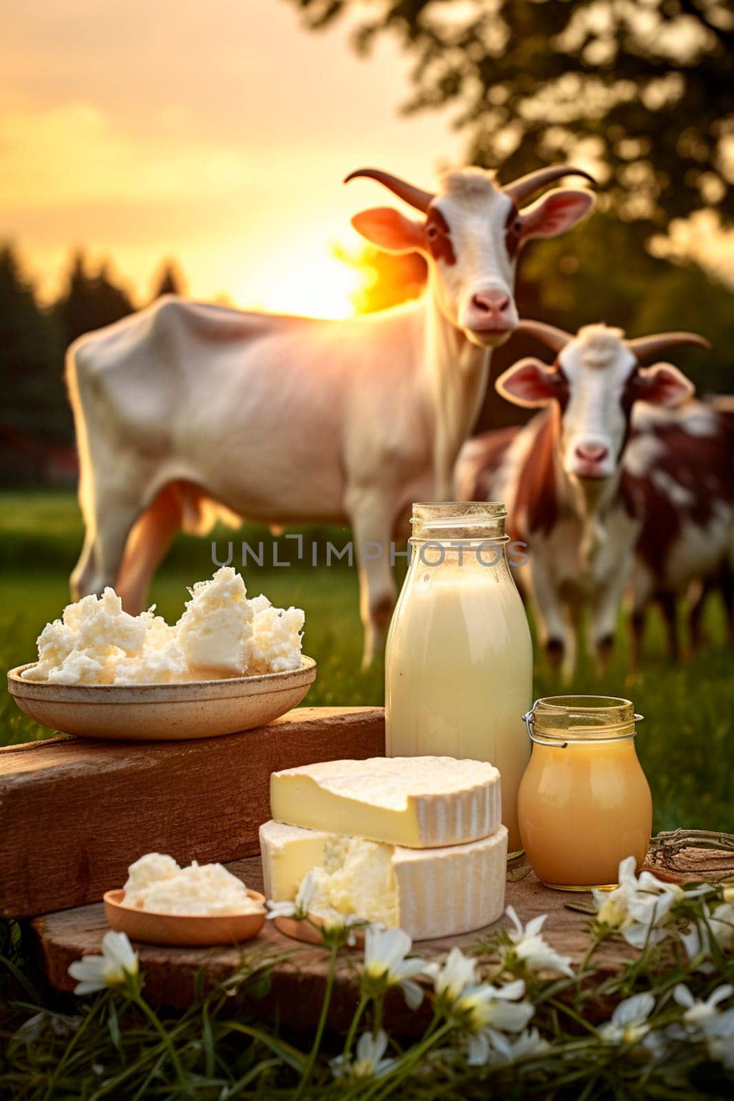 Goat dairy products on a farm background. Generative AI, Food.