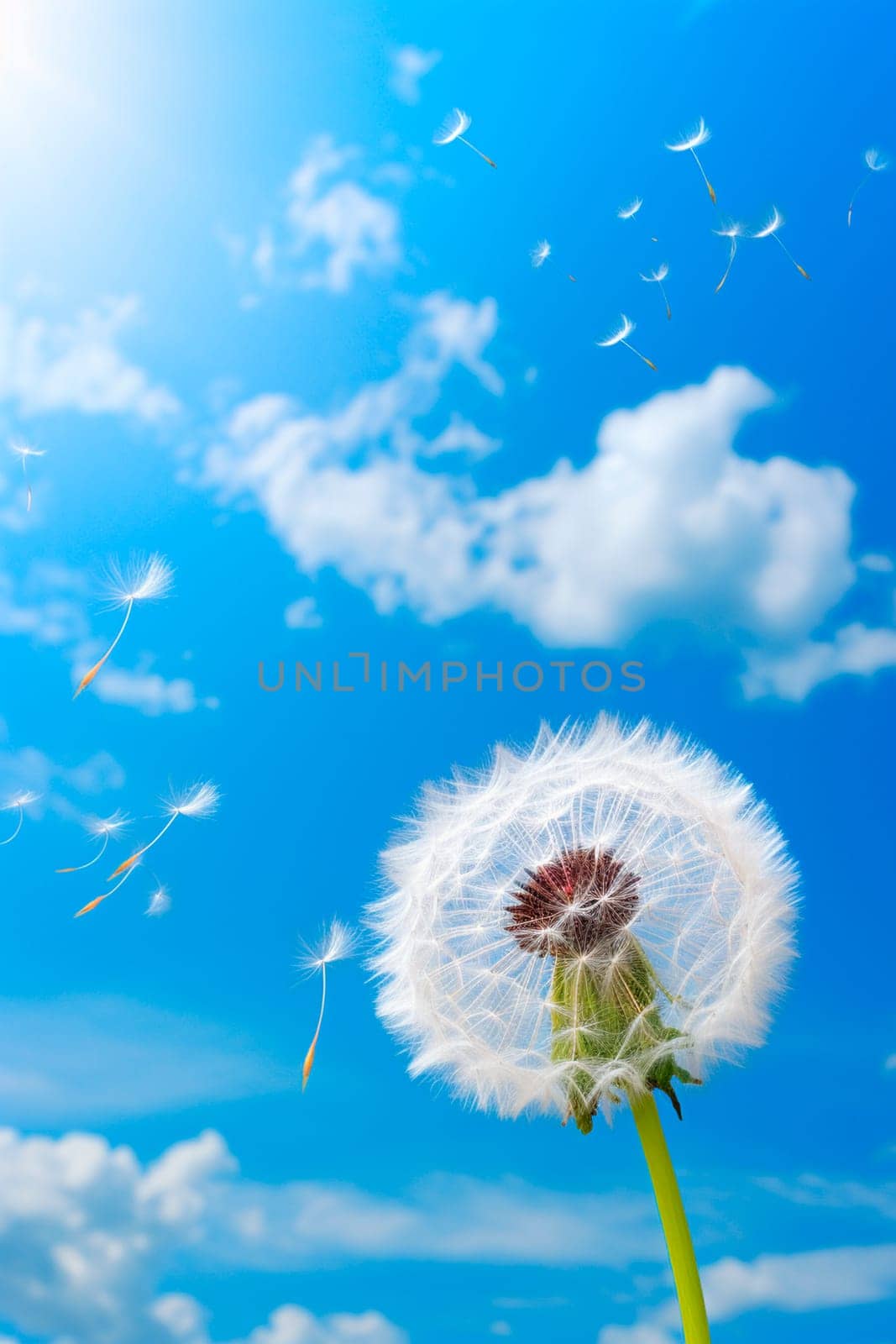 Beautiful dandelion against the sky. Generative AI, Nature.