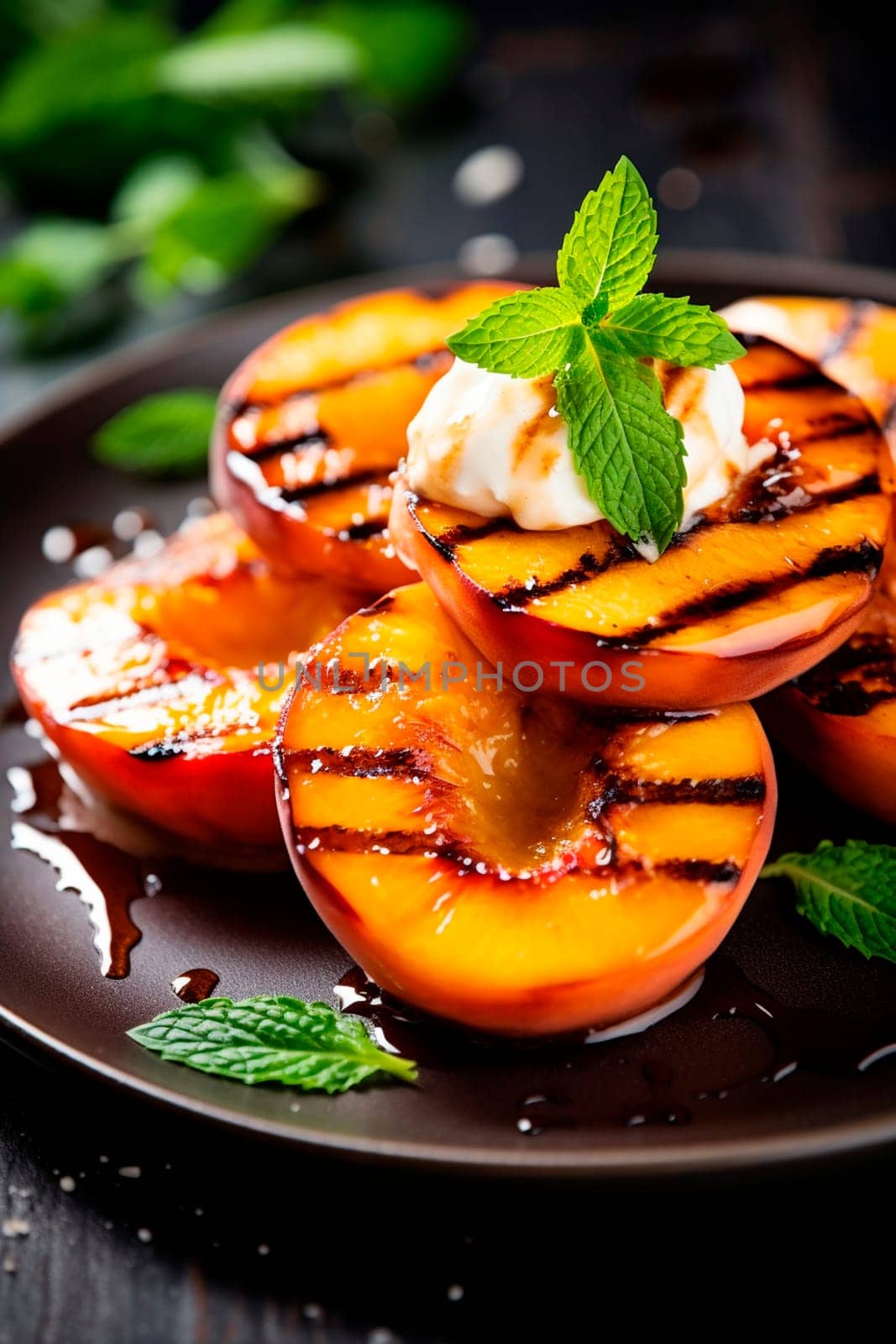 Grilled peaches on a plate. Generative AI, Food.