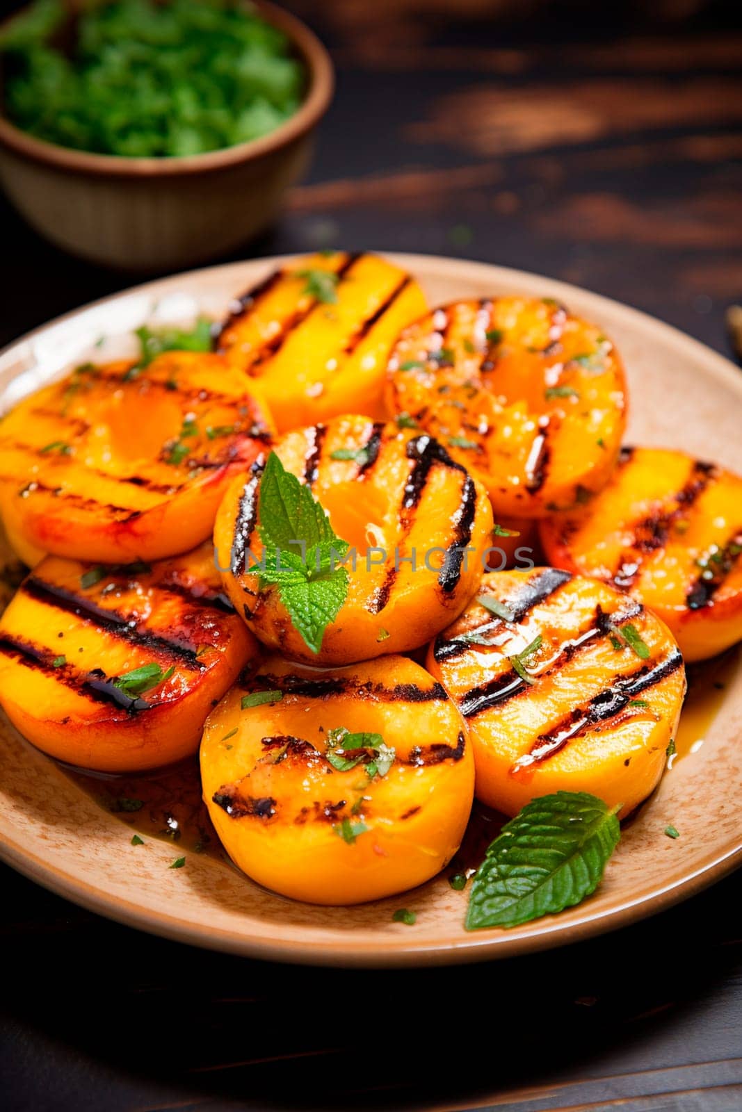 Grilled peaches on a plate. Generative AI, Food.