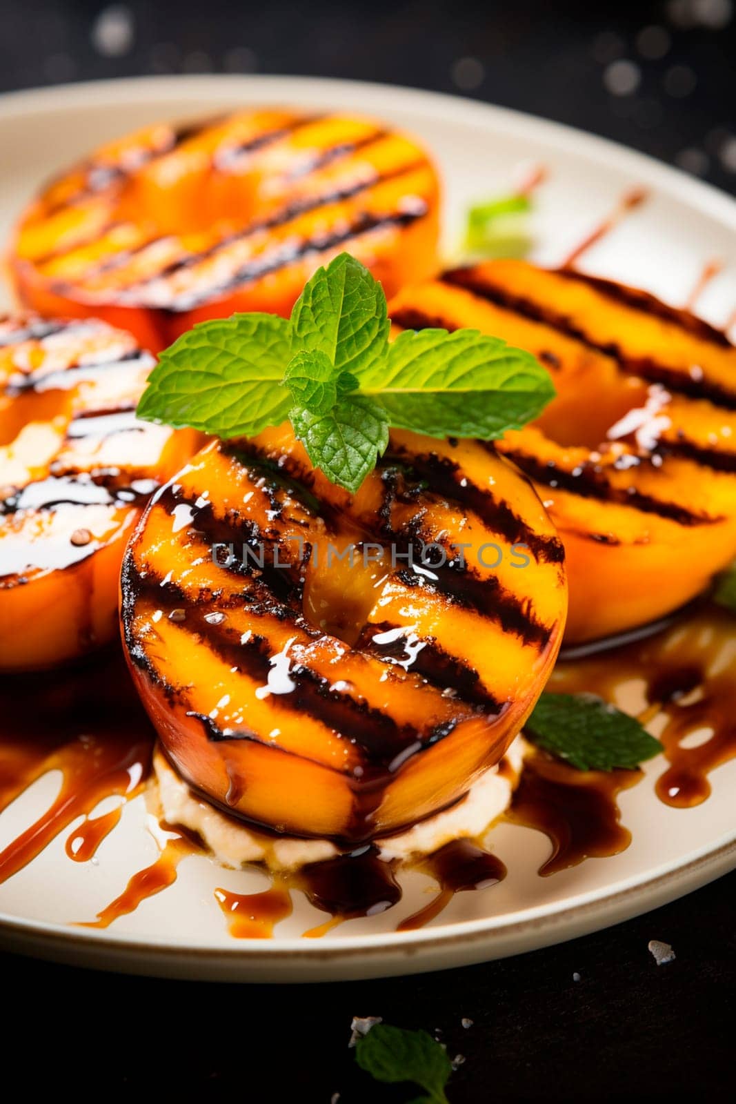 Grilled peaches on a plate. Generative AI, Food.