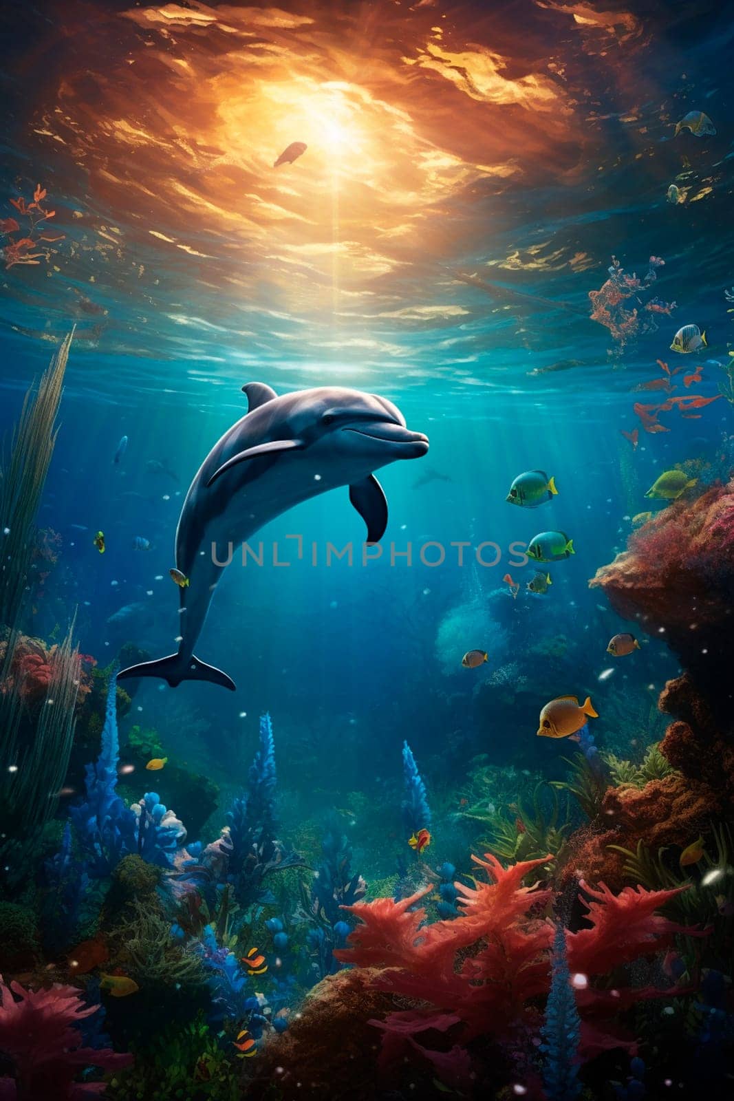 Dolphin in the sea underwater world. Generative AI, by yanadjana