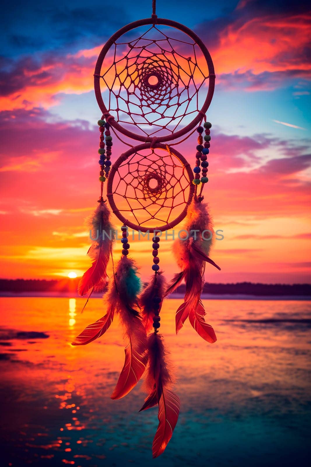 Dream catcher against the background of the river. Generative AI, by yanadjana