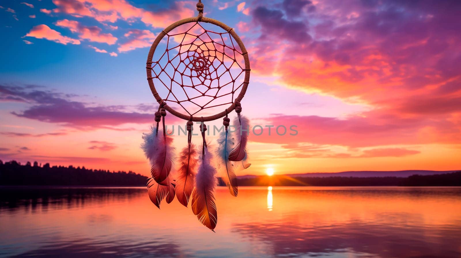 Dream catcher against the background of the river. Generative AI, by yanadjana