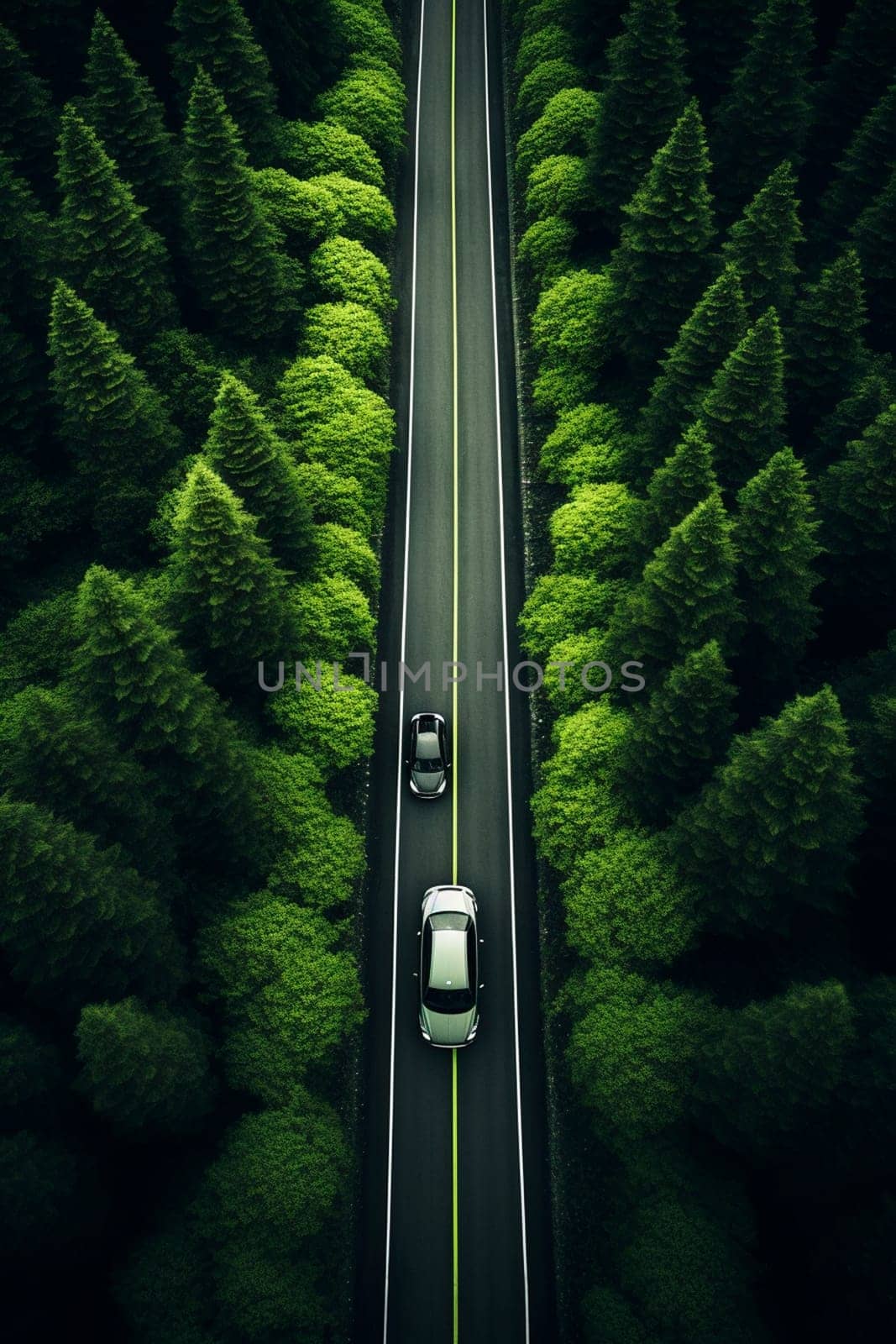 Road forest, car rides, top view. Generative AI, by yanadjana