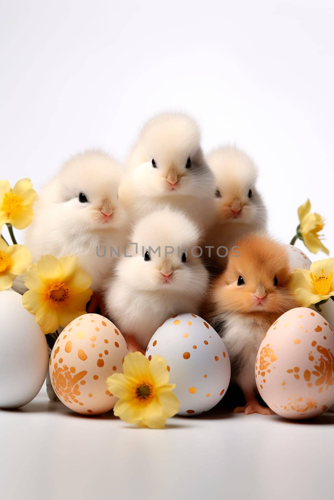 Chicks and Easter eggs on a white background. Generative AI, Holiday.