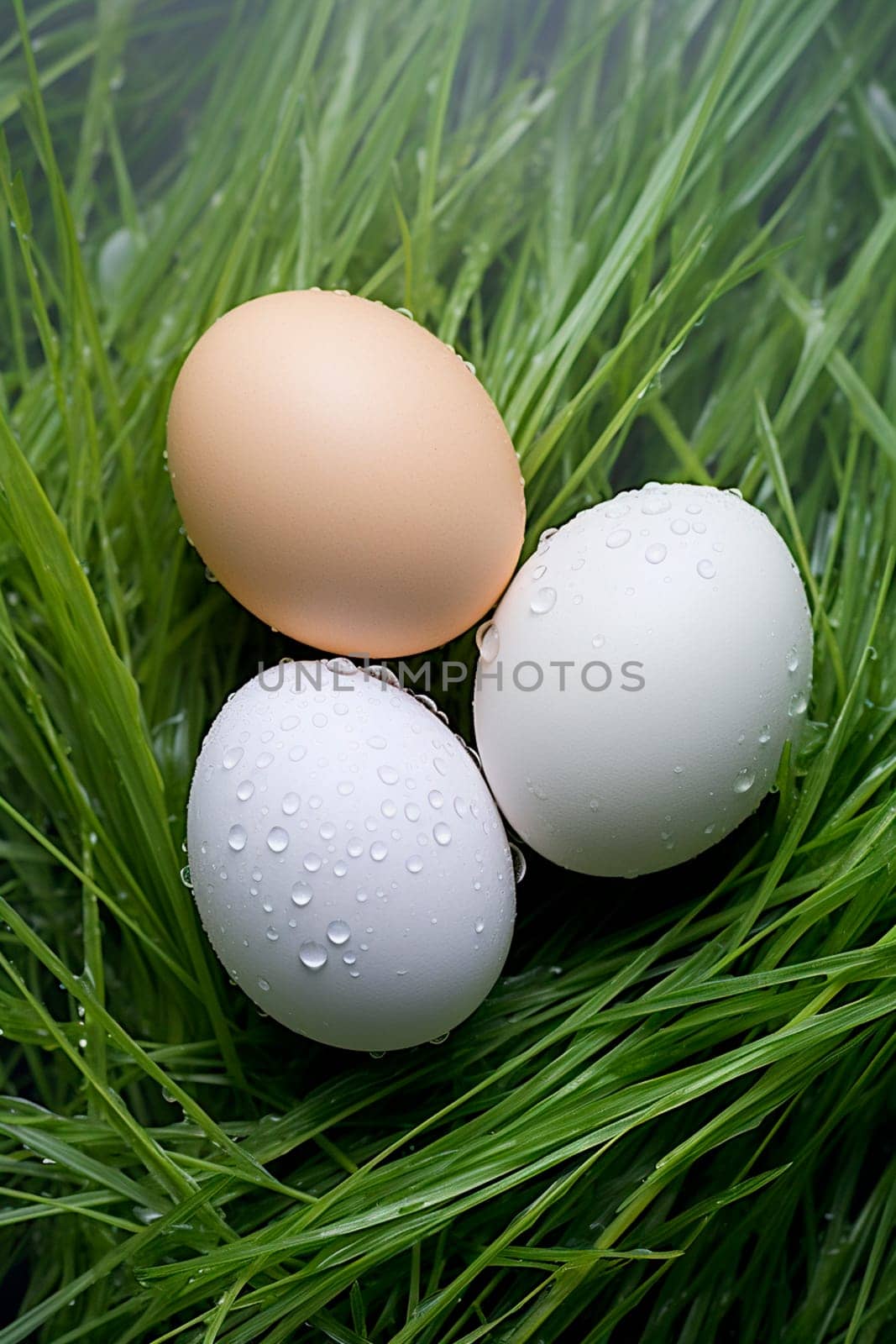 Eggs on green grass from grass-fed birds. Generative AI, Food.