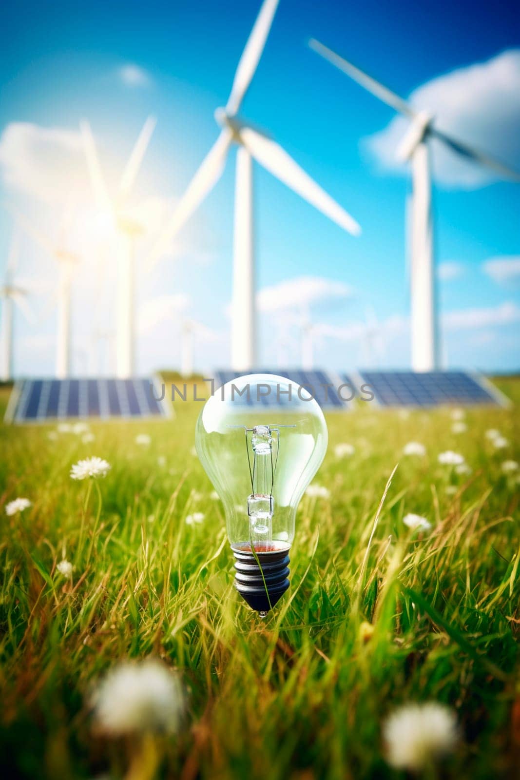 Light bulb on the grass concept nature electricity. Generative AI, Nature.