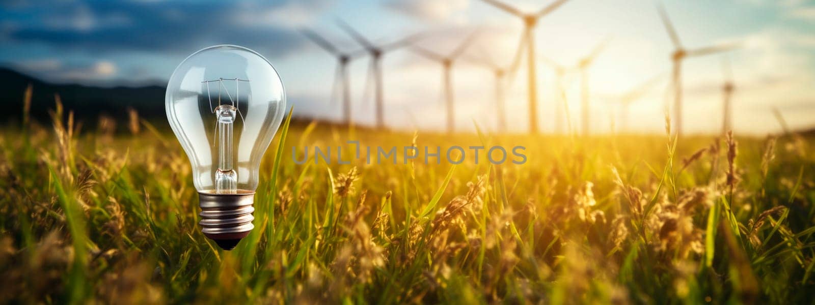 Light bulb on the grass concept nature electricity. Generative AI, by yanadjana
