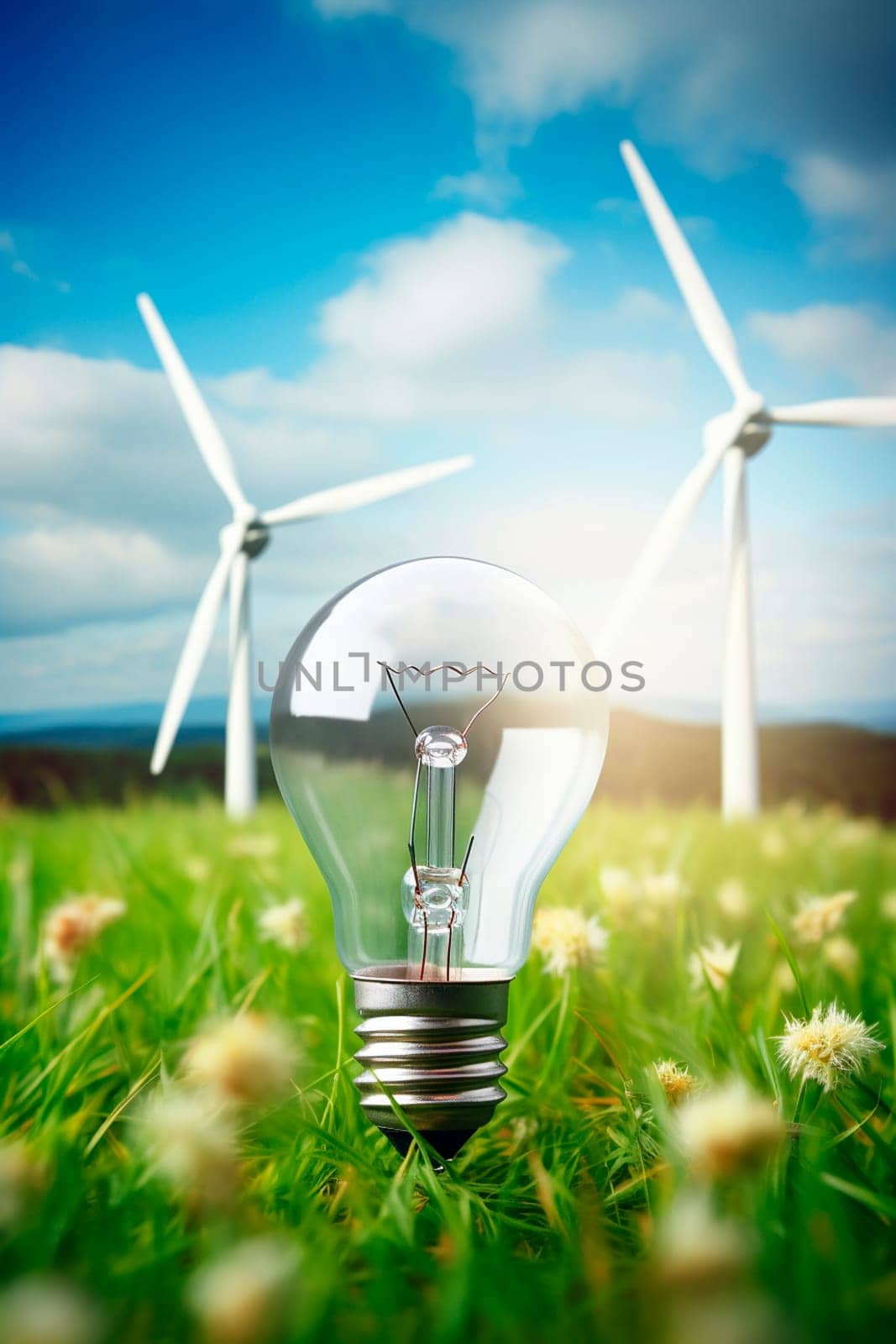 Light bulb on the grass concept nature electricity. Generative AI, by yanadjana